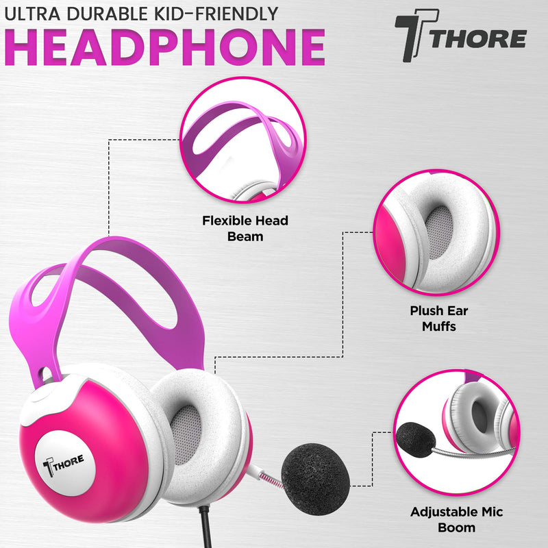 Thore Kids Headphones with Microphone (Over Ear) Headset with Boom Mic + Volume Control for Girls, Online School (Pink) Pink