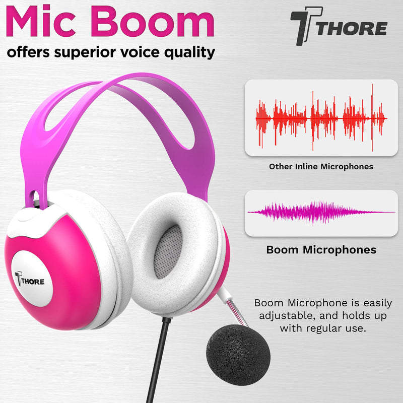 Thore Kids Headphones with Microphone (Over Ear) Headset with Boom Mic + Volume Control for Girls, Online School (Pink) Pink