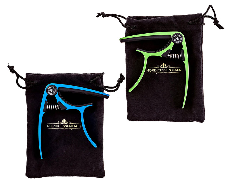 Guitar Capo (2 Pack) for Guitars, Ukulele, Banjo, Mandolin, Bass - Made of Ultra Lightweight Aluminum Metal (1.2 oz!) for 6 & 12 String Instruments - (Green + Blue) - Lifetime Warranty Green + Blue