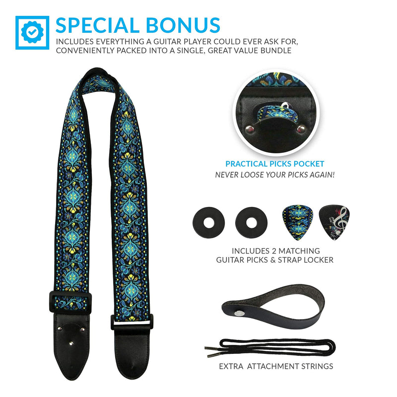 [AUSTRALIA] - Hootenanny Guitar Strap, Jacquard Weave Embroidered Strap Includes 2 Strap Locks & 2 Unique Picks. Adjustable Strap, Pick Pocket, For Bass, Electric & Acoustic Guitars Gift for Men & Women Blue Woven 
