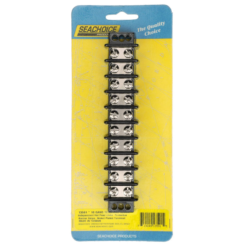 Seachoice Terminal Block, 10-Gang, Nickel Plated Brass Terminals