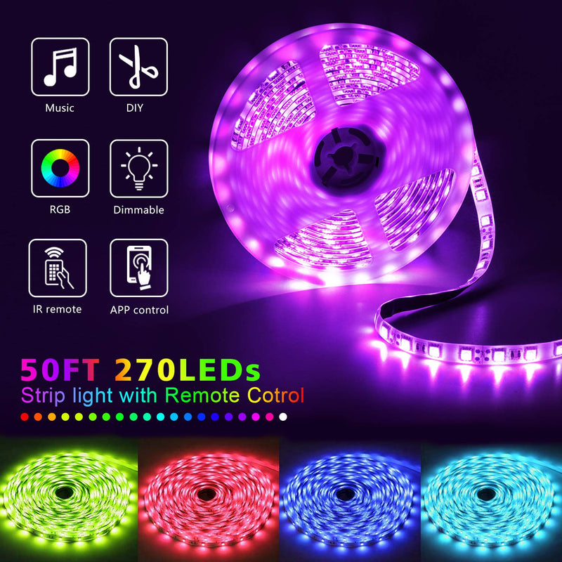 50Ft LED Strip Lights Music Sync Color Changing RGB LED Strip 44-Key Remote, Sensitive Built-in Mic, App Controlled LED Lights Rope Lights, 5050 RGB LED Light Strip(APP+Remote+Mic+3 Button Switch)