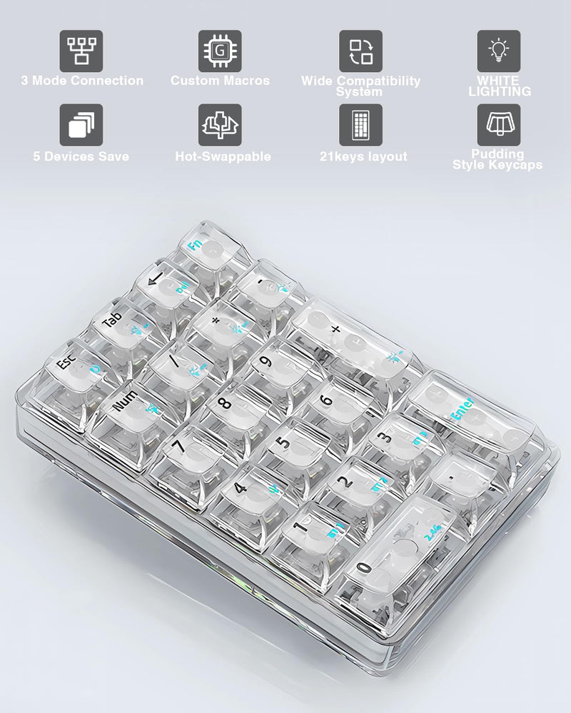 AULA 21 Key 2.4Ghz/Bluetooth/USB-C Connections Numpad, Hot Swappable Mechanical Gaming Keypad with Transparent Keycaps(White)