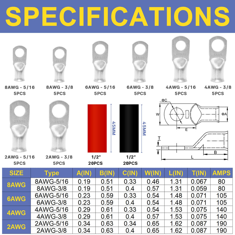 haisstronica 80PCS Tinned Copper Wire Lugs Kit,AWG 8 6 4 2 Heavy Duty Battery Cable Lugs,Eyelets Tubular Ring Terminal,Battery Terminals with 3:1 Heat Shrink Tube