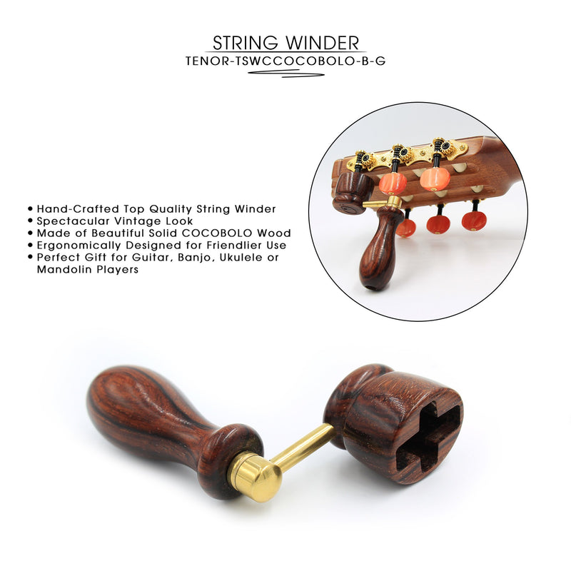 "COCOBOLO" Handcrafted Wooden Guitar String Winder by Tenor. Designed For Classical, Flamenco, Acoustic, Electric Guitars and Ukuleles. Made Of Solid Handpicked COCOBOLO Wood. Beautiful Vintage Look. Cocobolo Wood and Golden Colored Metal Handle.
