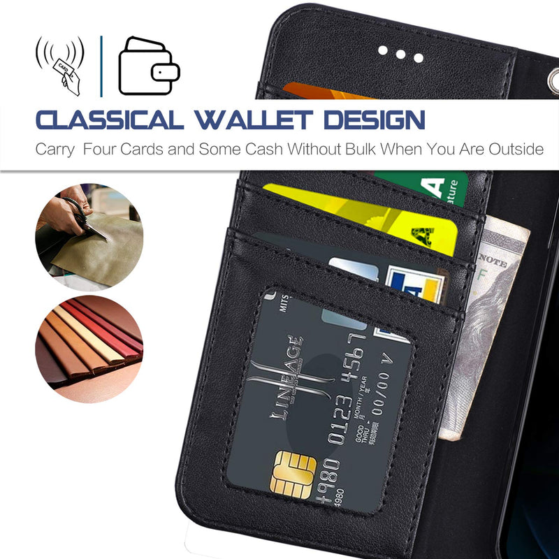 Arae Compatible with Case iPhone 12 Pro Max Wallet Flip Cover with Card Holder and Wrist Strap - Black
