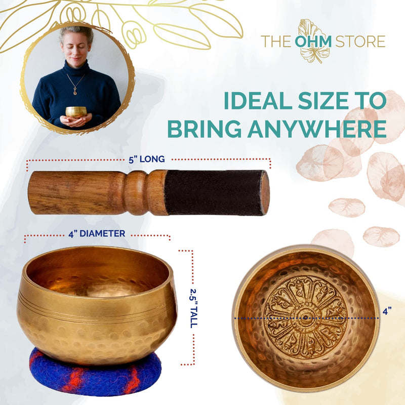 Tibetan Singing Bowl Set by The Ohm Store with Healing Mantra Engravings — Meditation Sound Bowl and Wooden Striker Handcrafted in Nepal — Yoga, Chakra Balancing, Spiritual Healing, and Mindfulness Buddha