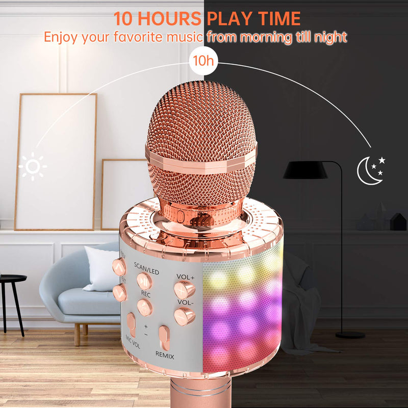 OVELLIC Karaoke Microphone for Kids, Wireless Bluetooth Karaoke Microphone with LED Lights, Portable Handheld Mic Speaker Machine, Great Gifts Toys for Girls Boys Adults All Age (Rose Gold) Rose Gold