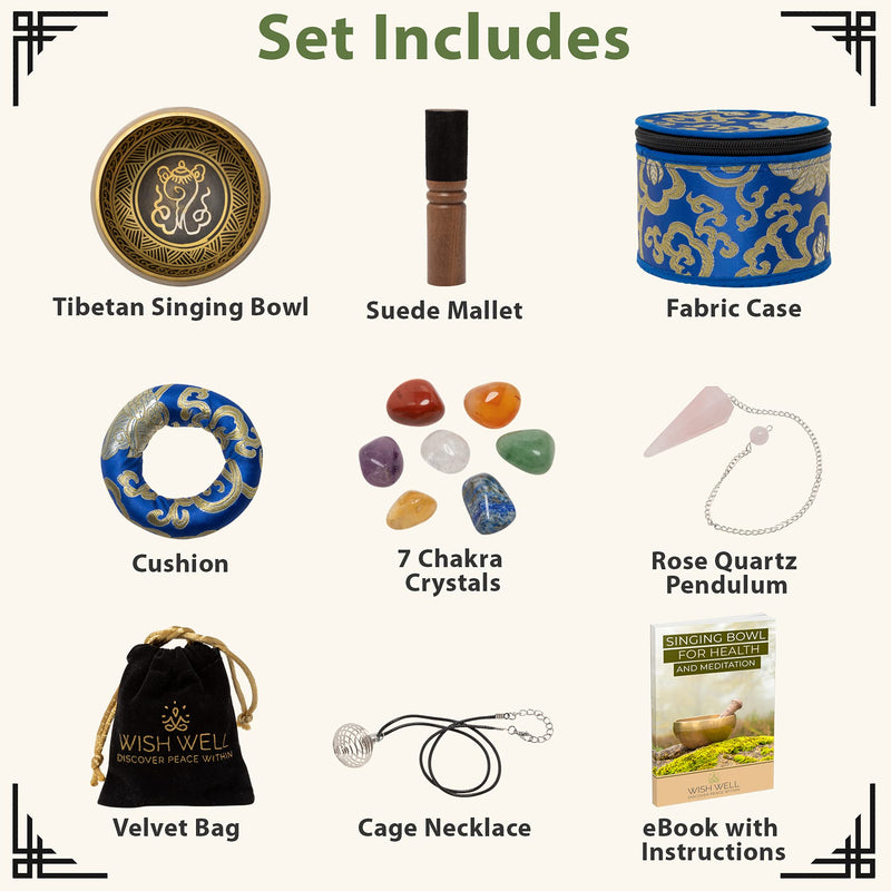 Tibetan Singing Bowl Set ~ 7 Chakra Crystal Stones and Rose Quartz Pendulum ~ Easy to Play with Fabric Case, Cushion, and Mallet ~ For Meditation, Yoga, Spiritual Healing, and Mindfulness