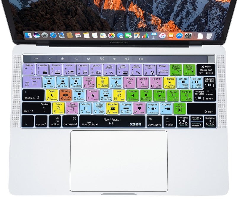 XSKN Final Cut Pro X 10 Keyboard Skin for New MacBook Pro 13 15 Retina Display A1706 A1707 A1989 A1990 (2016 Release, Touch Bar Sticker) Functional Shortcut Silicone Keyboard Cover