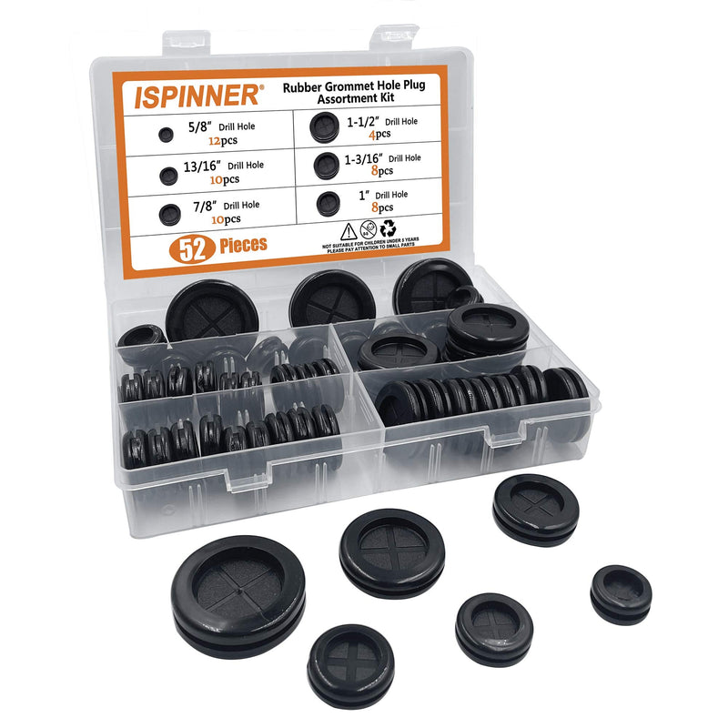 [AUSTRALIA] - ISPINNER 52pcs 6 Sizes Rubber Grommet, Double Sided Round Rubber Hole Plug, Drill Hole 5/8" 13/16" 7/8" 1" 1-3/16" 1-1/2" (Black) Black 