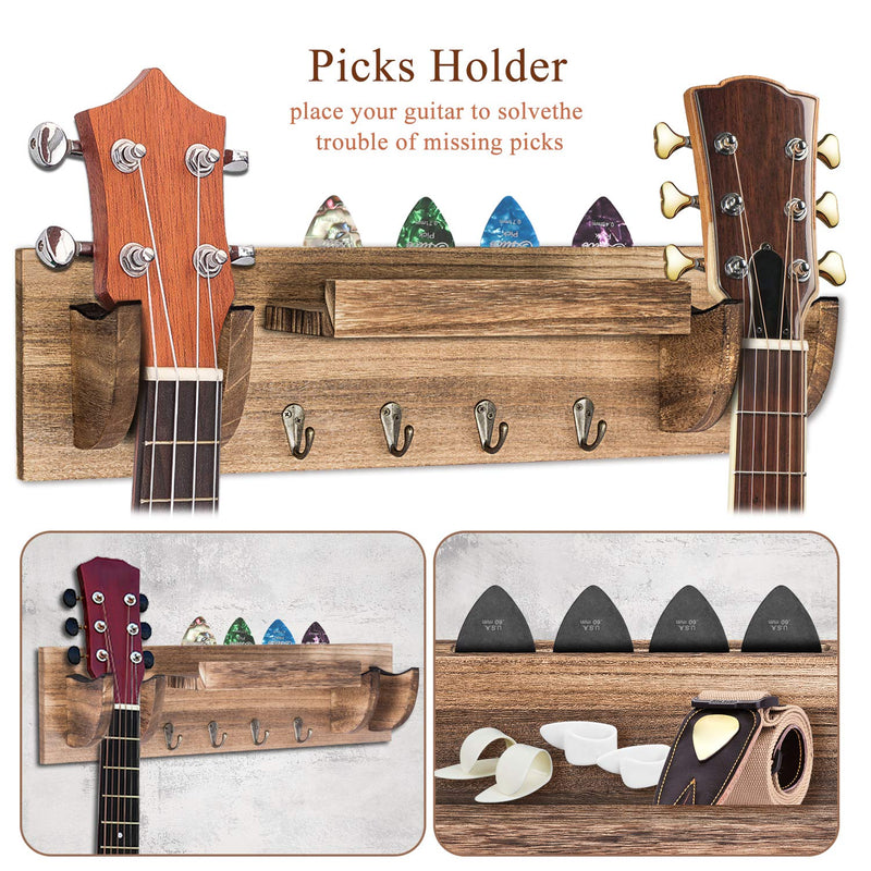 Guitar Wall Hanger - Powbacksy Guitar Wall Mount Double Guitar Hanger Wall Mount Wood Guitar Holder with 4 Hooks and Pick Holder Large