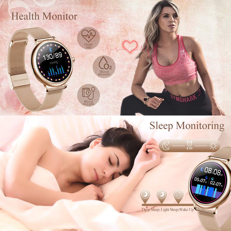 Smart Watch for Women，Bozlun Fitness Tracker with Female Cycle Management Heart Rate Monitor Blood Pressure Monitor Sleep Monitor IP67 Waterproof Smart Watches for Android and iOS Phones（Gold）