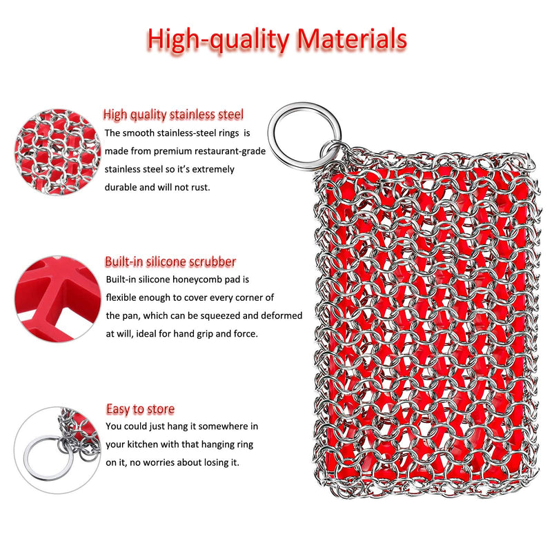 Cast Iron Skillet Cleaner, 316 Stainless Steel Chainmail Cleaning Scrubber with Silicone Insert for Cleaning Castiron Pan,Griddle,Baking Pan