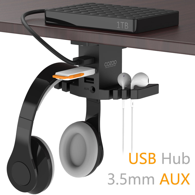 Headphone Stand with USB Hub COZOO Under Desk Headset Hanger Mount Dual Hook Holder with 3 USB Ports(usb3.0+usb2.0) and 3.5mm Jack AUX Port(Audio/Mic) External Sound Card for Gamer, DJ Earphone