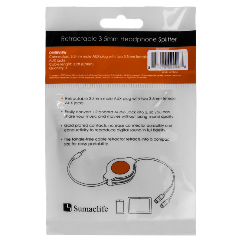 SumacLife RetractHeadphoneSplitBLK Retractable 3.2-Feet Headphone Splitter Cable, Black