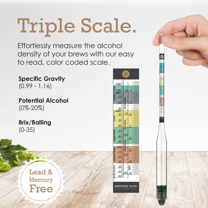 Brewer's Elite Hydrometer & Plastic Test Jar - for Home Brew Beer, Wine, Mead and Kombucha - Deluxe Triple Scale Set, Hardcase and Cloth - Specific Gravity ABV Tester Hydrometer & Plastic Test Jar Kit