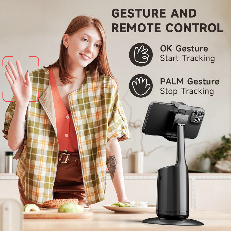 Auto Face Tracking Tripod - 360° Rotation Auto Tracking Phone Holder, No App, Phone Camera Mount with Remote and Gesture Control, Rechargeable Smart Shooting Holder for Video Recording, Tiktok Black
