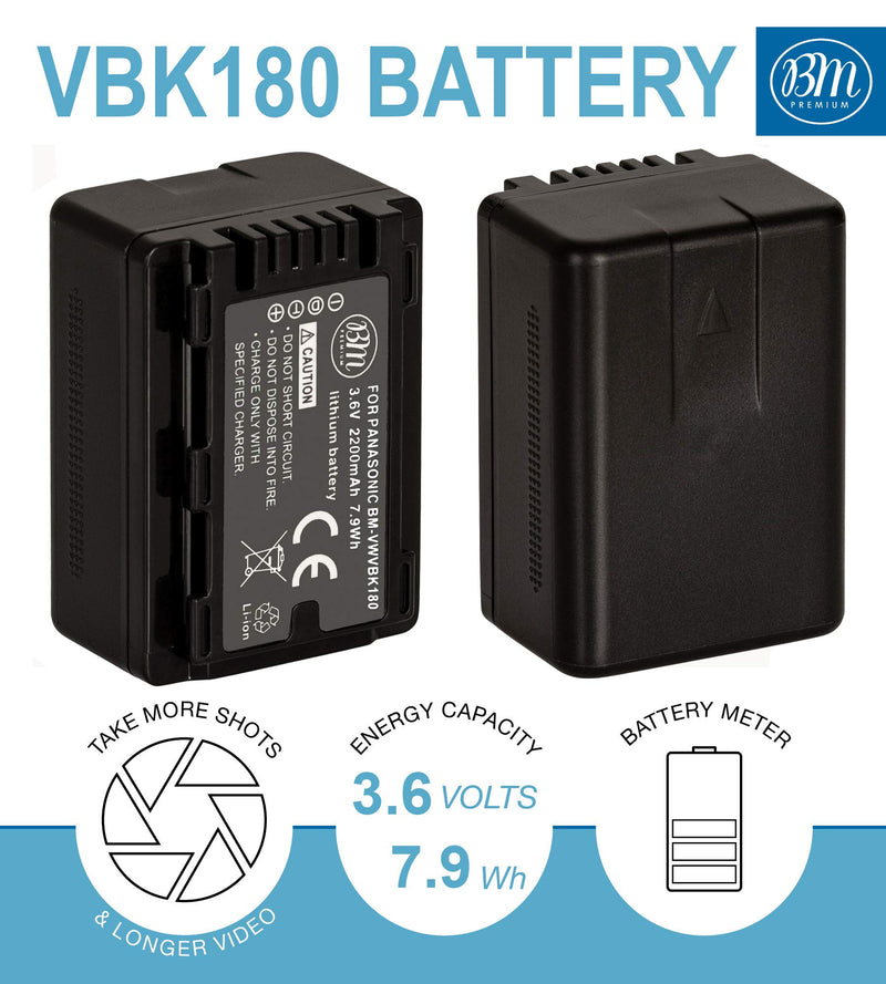 BM Premium VW-VBK180 Battery and Charger for Panasonic HC-V10 HC-V100 HC-V500 HC-V600M HC-V700 HDC-HS40 HS40K HS60 HS60K HS80 HS80K SDR-T76 Camcorders