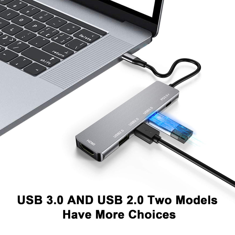 Pubioh USB C Hub HDMI Adapter 4K, 5-in-1 Aluminum Portable Type C Hub Dock with 100W Power Delivery, USB 3.0+2USB 2.0+PD 3.0 Ports for Laptop, Mobile Phone, Tablet