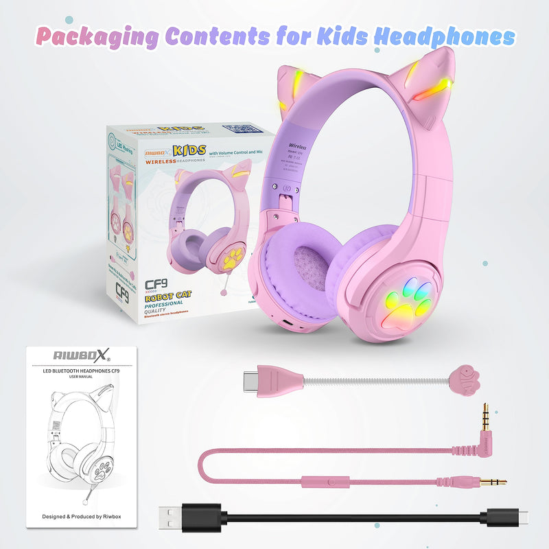 Riwbox CF9 Cat Ear Kids Bluetooth Headphones with LED Light Up,Safe 85dB Volume Limit,Built-in Mic&Boom Mic for Calls,Kids Wireless&Wired Headphones for Girls/Toddler/Online Learning/School (Purple) Pink Purple