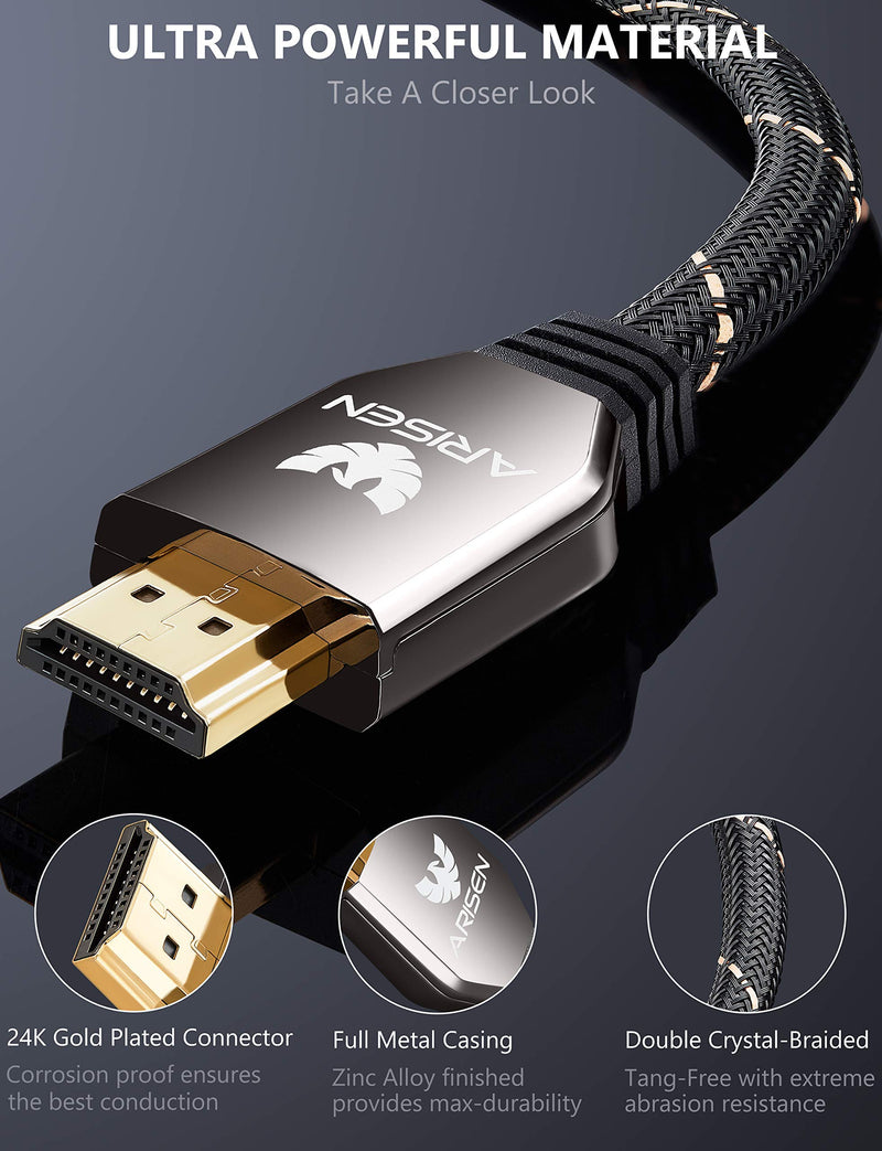 HDMI 2.1 Cable 9.5ft, ARISEN 4K@120 8K@60HZ 48Gbps Ultra High Speed Heavy Duty Braided 8K HDMI Cord eARC Dolby Vision HDR10 HDCP 2.2 Compatible with RTX 3080 3090 PS5 PS4 Xbox Series X UHD TV Laptop 9.5ft /2.9m