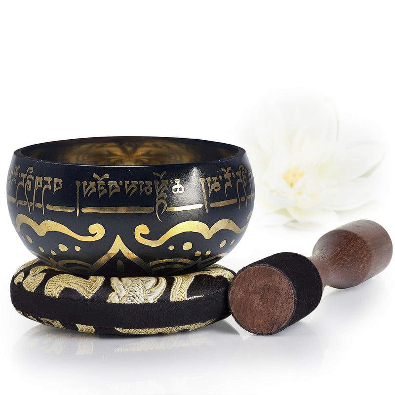 Silent Mind ~ Tibetan Singing Bowl Set ~ Bliss and Grace Design ~ With Dual Surface Mallet and Silk Cushion ~ Promotes Peace, Chakra Healing, and Mindfulness ~ Exquisite Gift