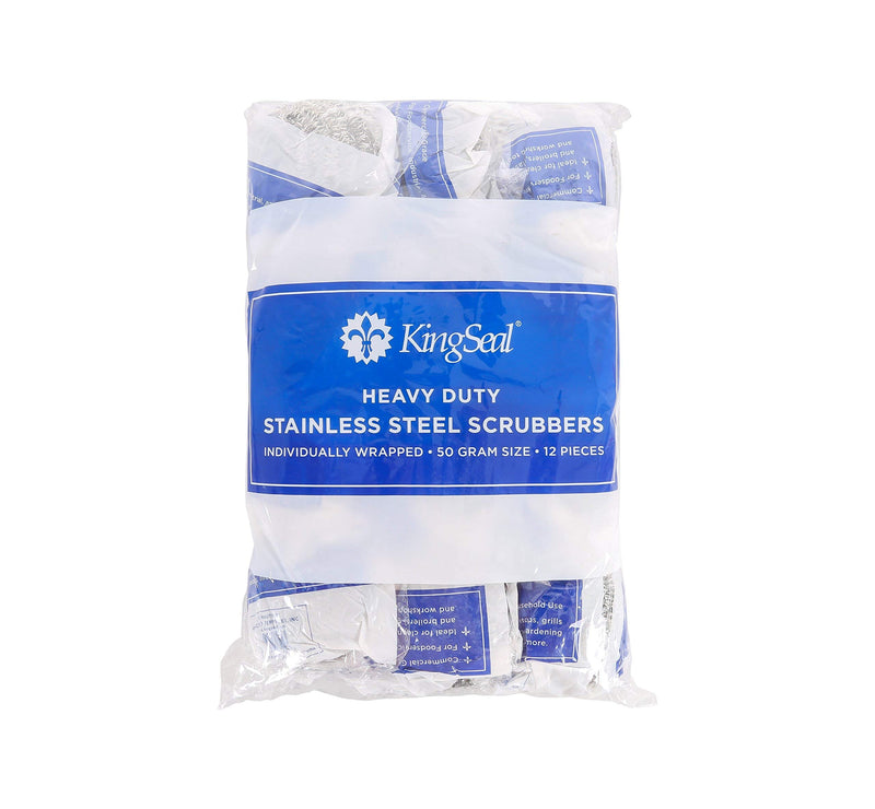 KingSeal Individually Wrapped 50 Gram Stainless Steel Scrubbers, Heavy Duty, Single Coil (1 Pack of 12 Each) 1 Pack of 12 each