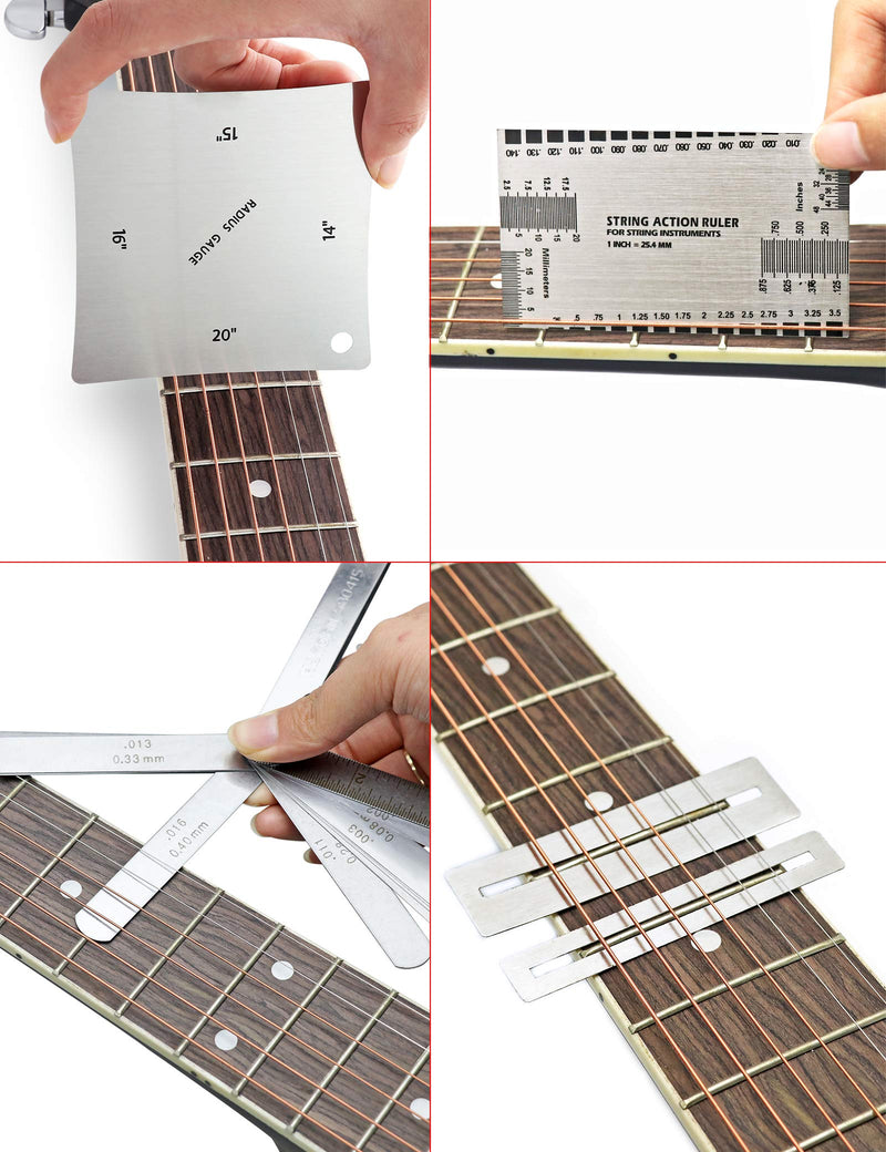 Holmer Guitar Luthier Tools with 15 Blades Feeler Gauge Metric, String Action Gauge Ruler, Fingerboard Fretboard Radius Gauge Measuring Tool, 2 Fingerboard Guard Protectors. (Chrome) Chrome