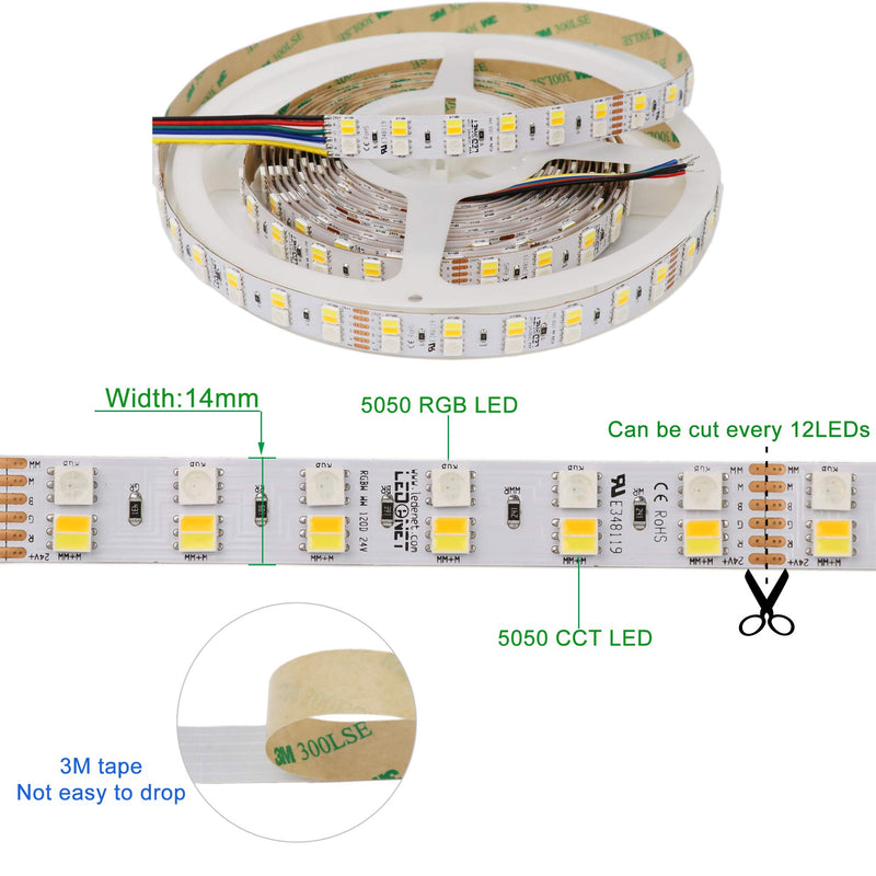 [AUSTRALIA] - LEDENET Double Row 24V RGBCCT Flexible LED Strip Lights 600LEDs/spool 5050 RGB CW WW Color Changing and Color Temperature Adjustable RGBW RGBWW LED Tape Lighting Non-Waterproof 16.4ft Long 