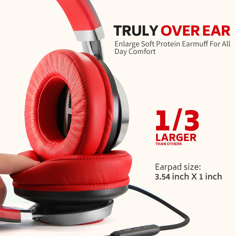 COOSII AC01 Headphones Wired Noise Isolating Over Ear, Corded Stereo Headsets with Microphone Volume Control for Adults Teens with Wire 3.5mm for Cellphones, Tablets, Laptop, Chromebook (Black Red) Black Red