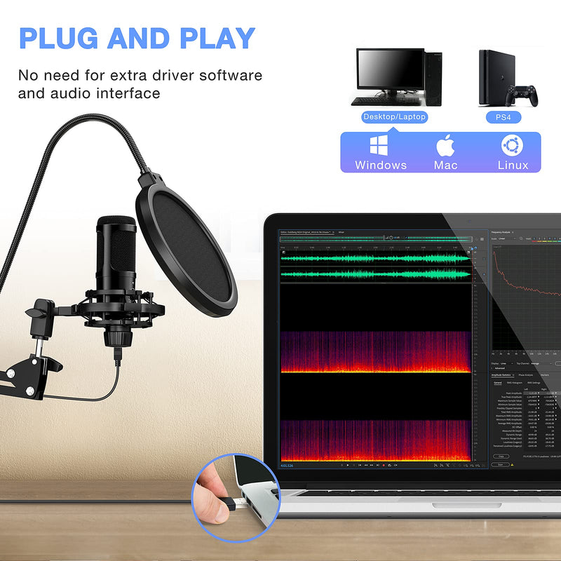USB Microphone, 192Khz / 24Bit Condenser Microphone With Arm Stand Shock Mount, Plug and Play, Noise-Canceling, Podcast Microphone for Gaming Studio Recording Youtube Video Steaming