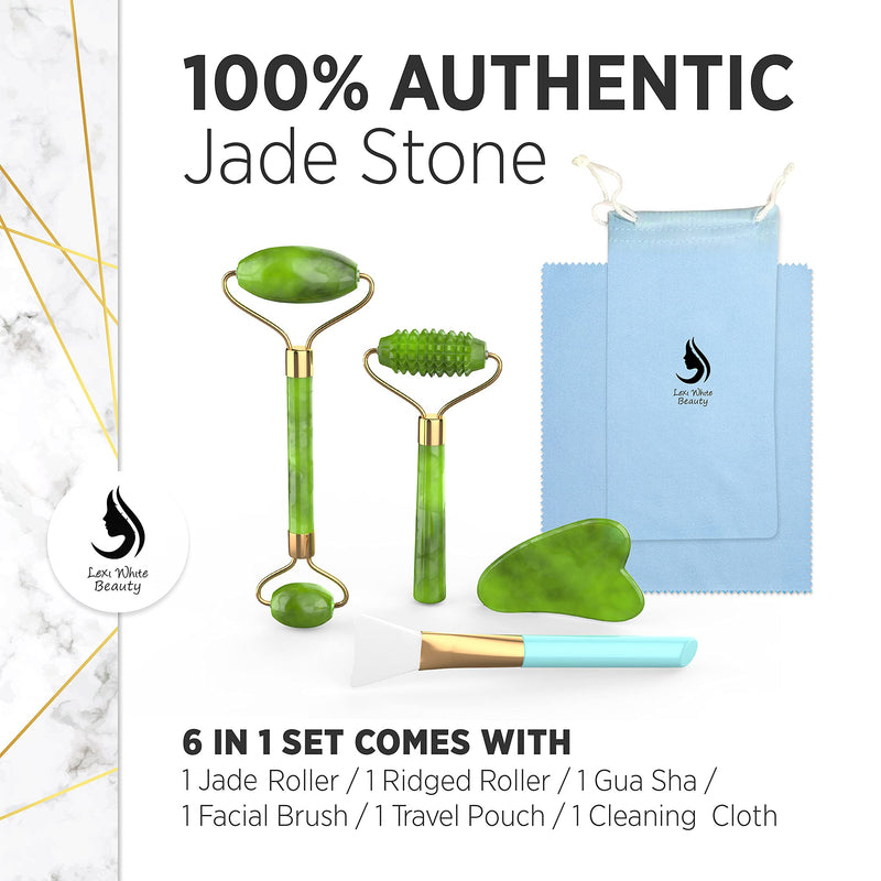 Gua Sha Massage Tool - Jade Roller Face Roller Stone Guasha 6 in 1 Face Massager Set for Face, Jade Facial Roller | Silicone Makeup Brush Eye Roller Massager | For Face Made From Real Jade | Ice Massager, Eye Puffiness Relief With Travel Pouch, Qua Sha...