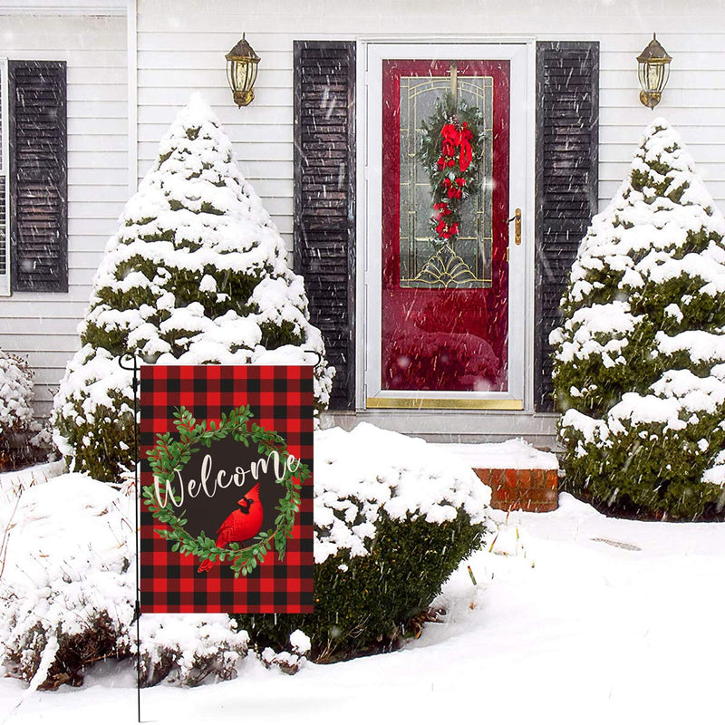 Cardinal Christmas Garden Flag | Wreath Welcome Garden Flag 12.5 x 18 Inch | Buffalo Check Plaid Winter Yard Flag Double Sided | Rustic Christmas Yard Decorations | Holiday Outdoor Flags