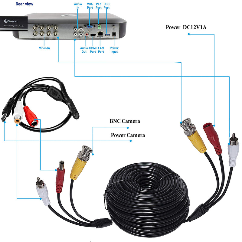 100ft HD Audio Video Security Camera BNC Power Cable Сopper - Gift BNC - Pre-Made All-in-One Extension Wire CCTV Cord with BNC RCA Connectors 30 m 3-in-1(100 Ft) 100Ft Black