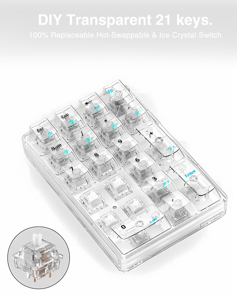 AULA 21 Key 2.4Ghz/Bluetooth/USB-C Connections Numpad, Hot Swappable Mechanical Gaming Keypad with Transparent Keycaps(White)