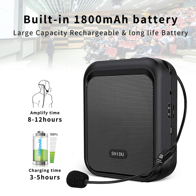 SHIDU Mini Voice Amplifier Portable Rechargeable Bluetooth Speaker with Wired Microphone Headset 10W 1800mAh PA system Supports MP3 Format Audio for Teacher, Taxi Driver, Coaches, Training, Tour Guide