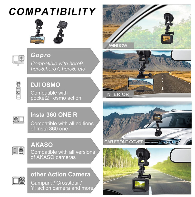 PULUZ Suction Cup Mount for Gopro Car Mount, Adjustable Vehicle Window & Windshield Mount Holder, Compatible with GoPro Hero 10/9/8/7/6/5/4/3+/3/Session/DJI OSMO Action Camera Mount