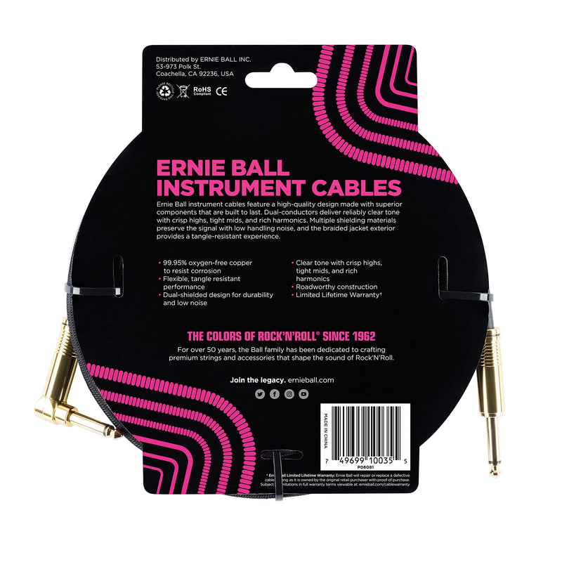 Ernie Ball Braided Instrument Cable, Straight/Angle, 10ft, Black (P06081) 10 feet