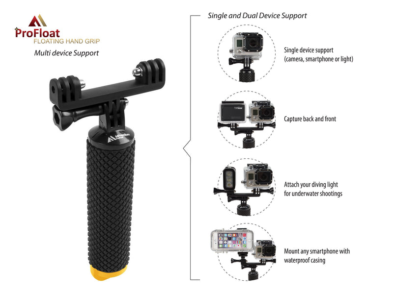 MiPremium Waterproof Floating Hand Grip compatible with GoPro Cameras Hero 9 8 7 6 5 4 3 2 1 Session Black Silver Handler Plus FREE Handle Mount Accessories for Water Sport and Action Cameras (Yellow) Yellow