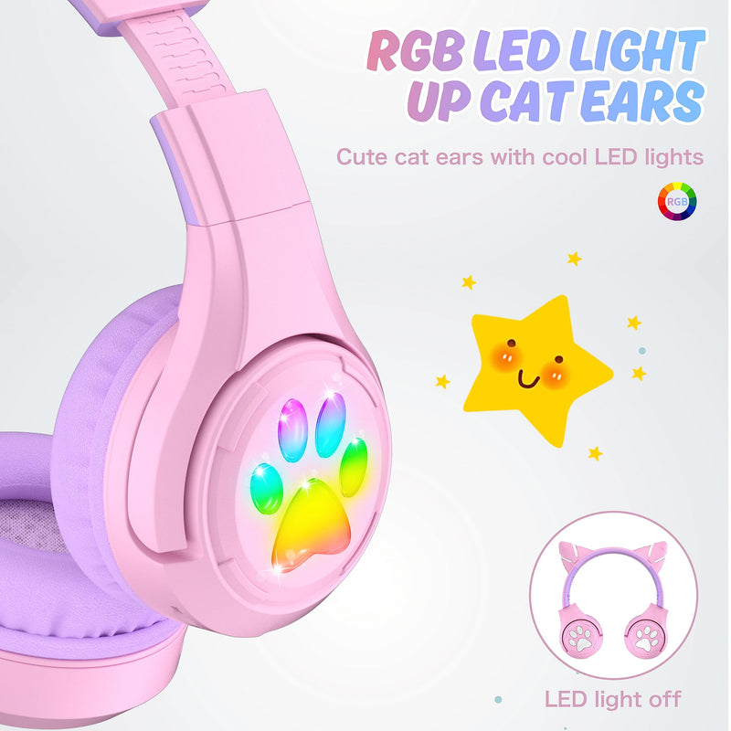 Riwbox CF9 Cat Ear Kids Bluetooth Headphones with LED Light Up,Safe 85dB Volume Limit,Built-in Mic&Boom Mic for Calls,Kids Wireless&Wired Headphones for Girls/Toddler/Online Learning/School (Purple) Pink Purple