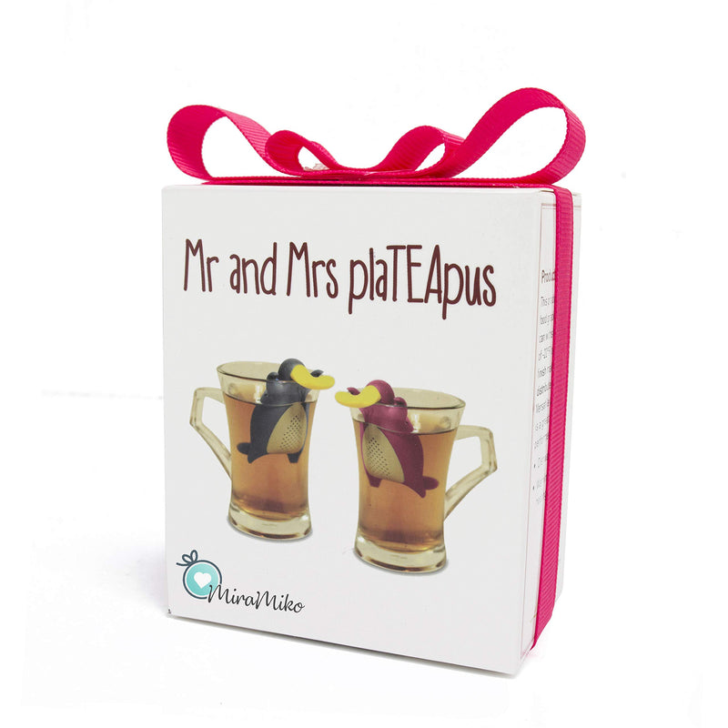 Tea Infuser Gift Set for Loose Leaf Tea, Cute Platypus Tea Strainer Pair in Lovely Gift Box, Ideal Couples Gift, Set of 2, Grey and Pink Pink and grey