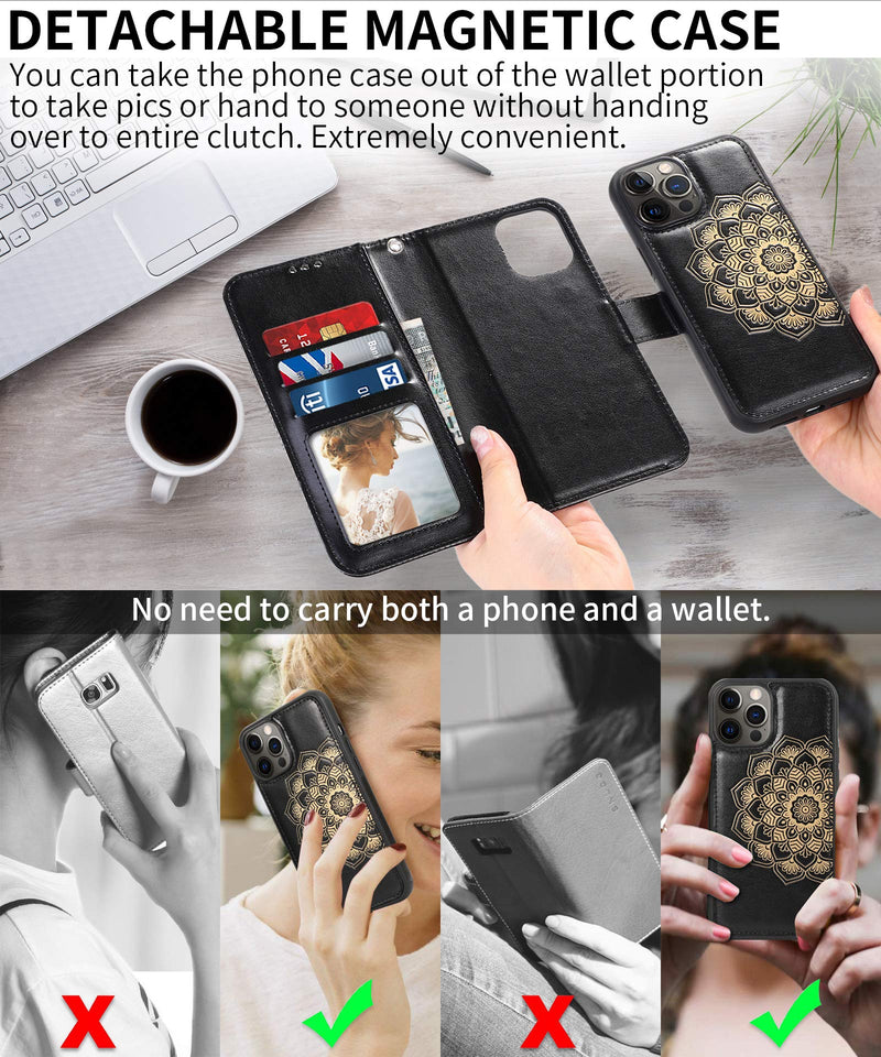 CASEOWL Wallet Case Compatible for iPhone 12 Pro Max,Magnetic Detachable Case Fit Magnetic Car Mount,Card Solts Holder, Embossed Mandala Pattern Flower Floral Leather Flip Wallet Case[Black] Black [Compatible for iPhone 12 Pro Max 6.7'' ONLY]