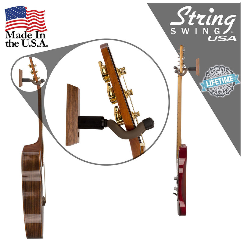 String Swing Guitar Hanger - Holder for Electric Acoustic and Bass Guitars - Stand Accessories Home or Studio Wall - Musical Instruments Safe without Hard Cases - Black Walnut Hardwood CC01K-BW 2-Pack