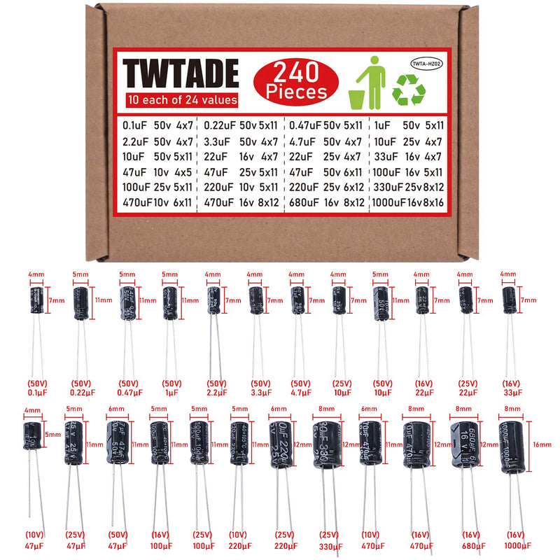TWTADE 240Pcs Polar Aluminum Electrolytic Capacitor Assortment Kit Box (0.1uF－1000uF, 10V/16V/25V/50V)24Values for Many Household appliances, Entertainment Equipment etc. DR-240P