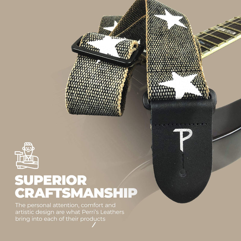 Perris Leathers - White Stars on Distressed Grey Cotton Guitar Strap With Leather Ends, Deluxe Cotton Material, Adjustable Length 39in to 58in, 2in Wide Strap Brown