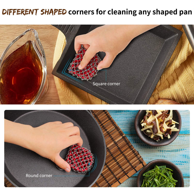 Herda Cast Iron Skillet Scrubber Scraper Tool, 4Pieces Pot Cleaner Cleaning Care Kit- 316 Chainmail Scrubber for Iron Pan Dish, Chain Link Metal Scrubber Iron Skillet Grill Griddle Brush Scrub Sponge Red Kit