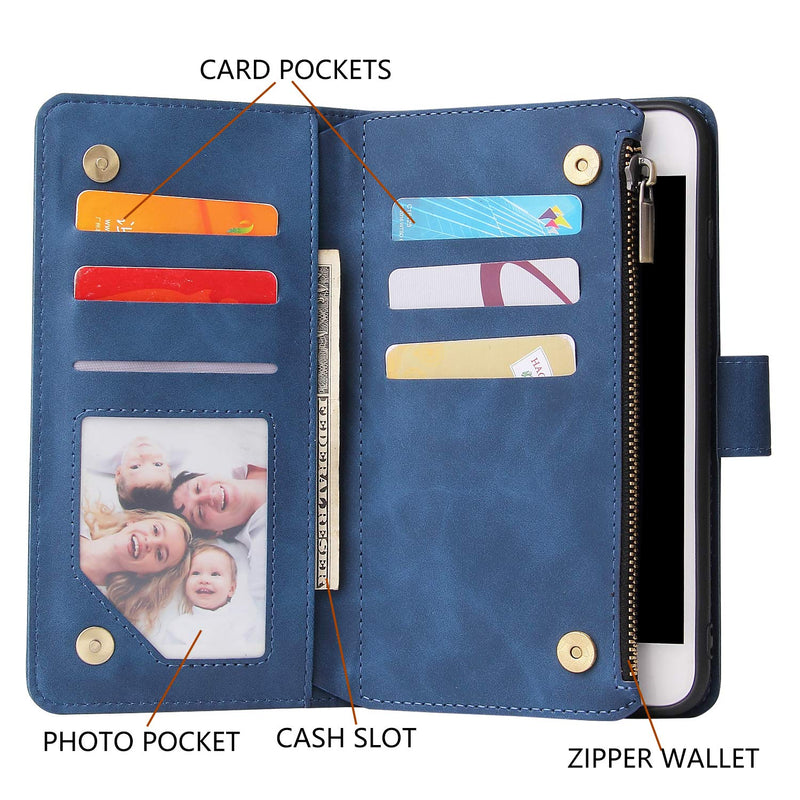 [AUSTRALIA] - UEEBAI Wallet Case for iPhone SE 2022 5G/iPhone 7/iPhone 8/iPhone SE 2020, Premium PU Leather Magnetic Handbag Zipper Pocket Card Slots with Wrist Strap Flip Case for iPhone SE3/SE2 - Blue 