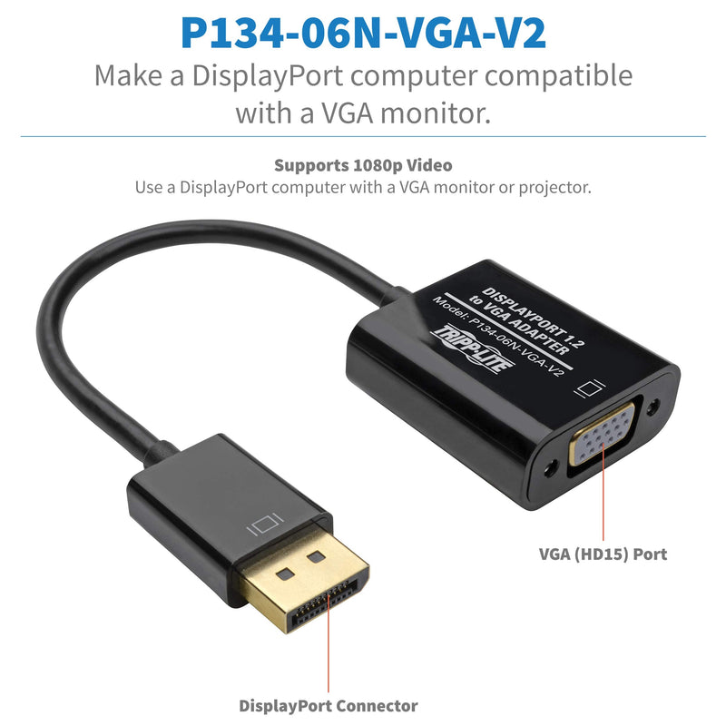 [AUSTRALIA] - Tripp Lite DisplayPort to VGA Adapter Cable Active Converter, Displayport 1.2, DP to VGA, 6 inches / 15.2 Centimeters, 3-Year Warranty (P134-06N-VGA-V2) DP 1.2 to VGA Active (6") 