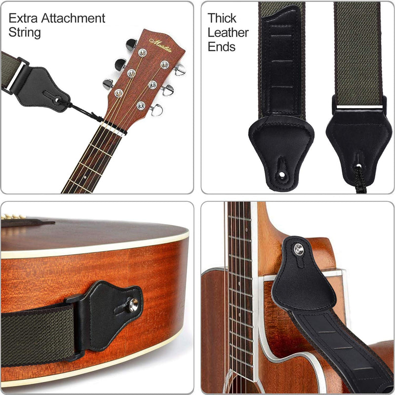 Guitar Strap Adjustable Guitar Shoulder Strap Soft Cotton and PU Leather Ends Guitar Straps with 3 Guitar Pick Holders for Bass Electric & Acoustic Guitars (Green) Green